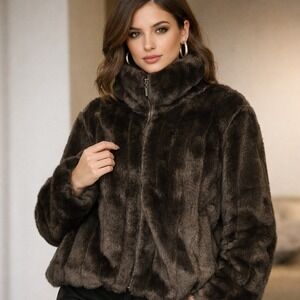 Y2K Plush Faux Fur Coat Brown Mink-Look Teddy Jacket 2X Mob Wife Old Money Luxe